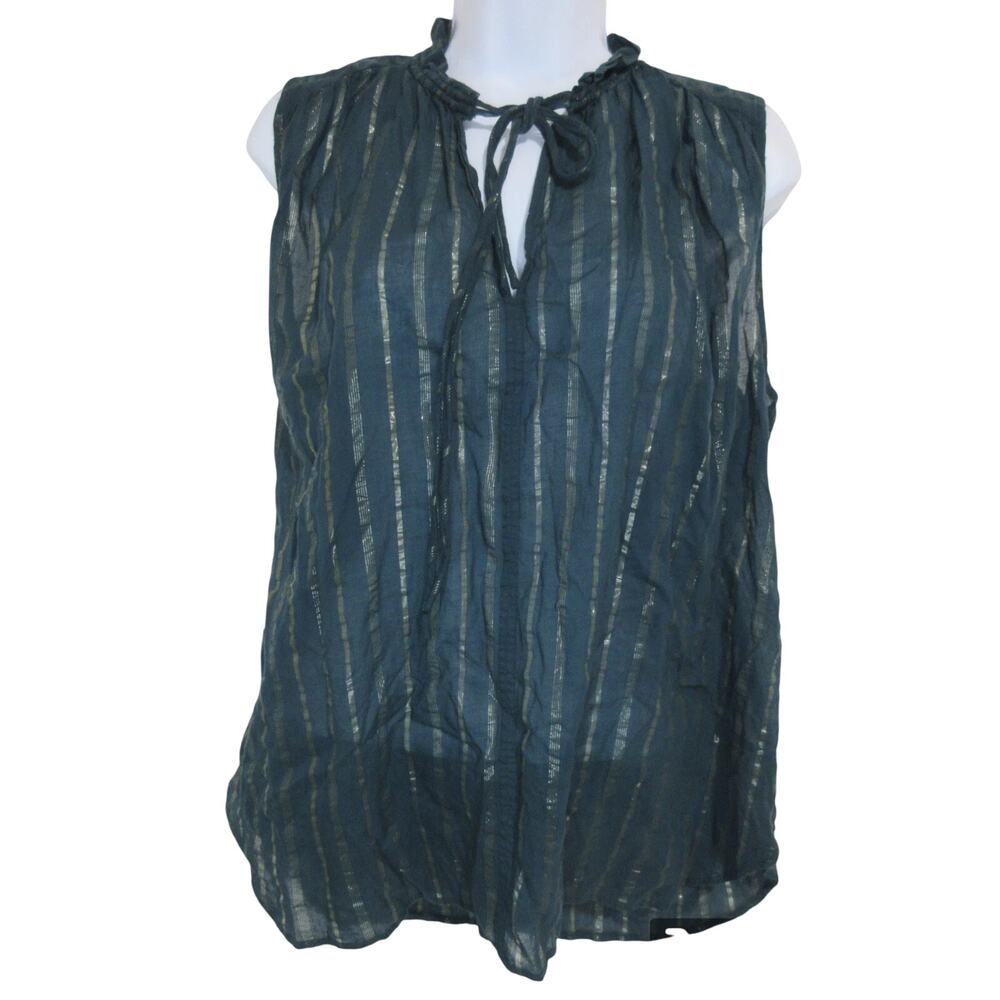Ann Taylor Sleeveless Striped Sheer Blouse Tie Keyhole Neck Small Deep Green